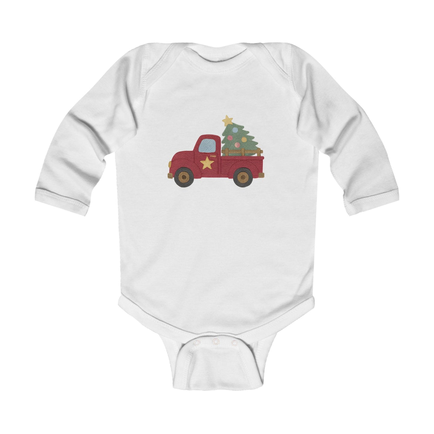 Baby Bodysuit — Red Truck with Christmas Tree Holiday Onesie
