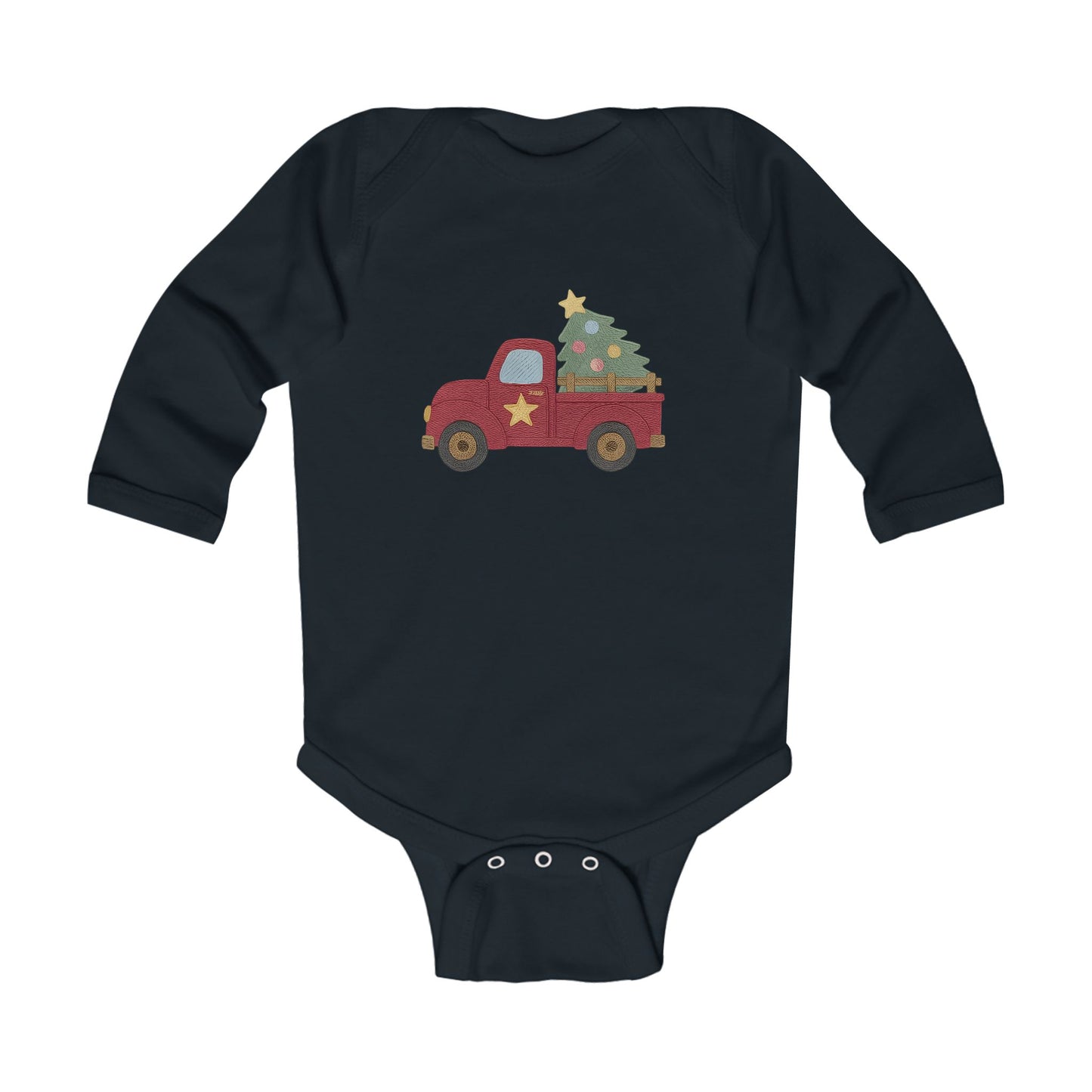 Baby Bodysuit — Red Truck with Christmas Tree Holiday Onesie