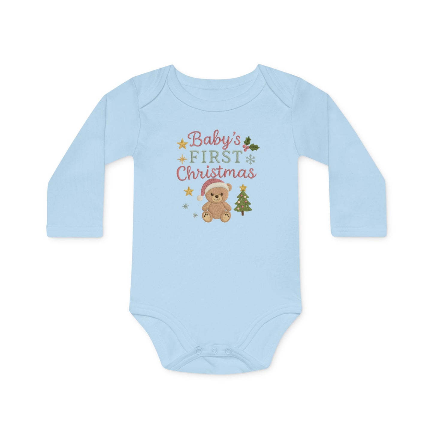 Baby Bodysuit — "Baby's First Christmas" Organic Long-Sleeve Onesie with Teddy & Tree Holiday Design