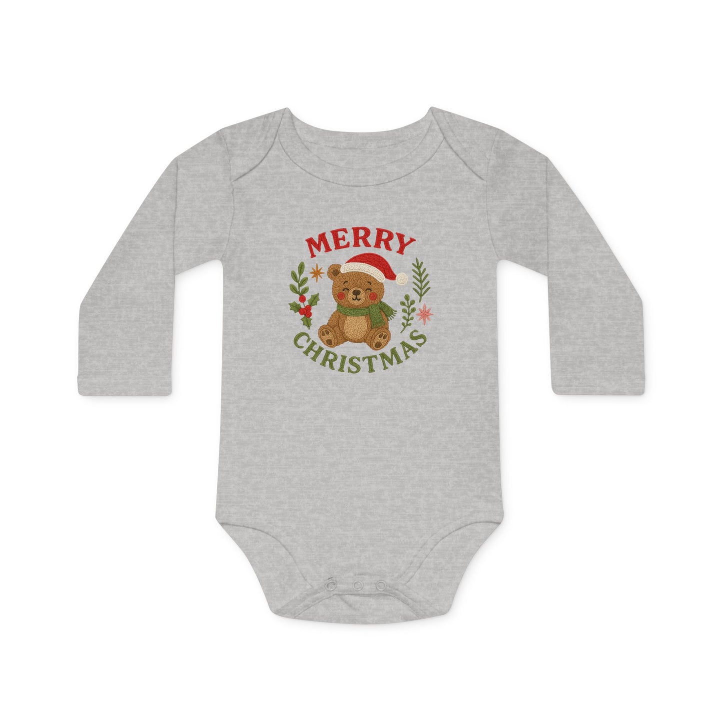 Baby Bodysuit — 'Merry Christmas' Bear Holiday Long-Sleeve Organic Onesie