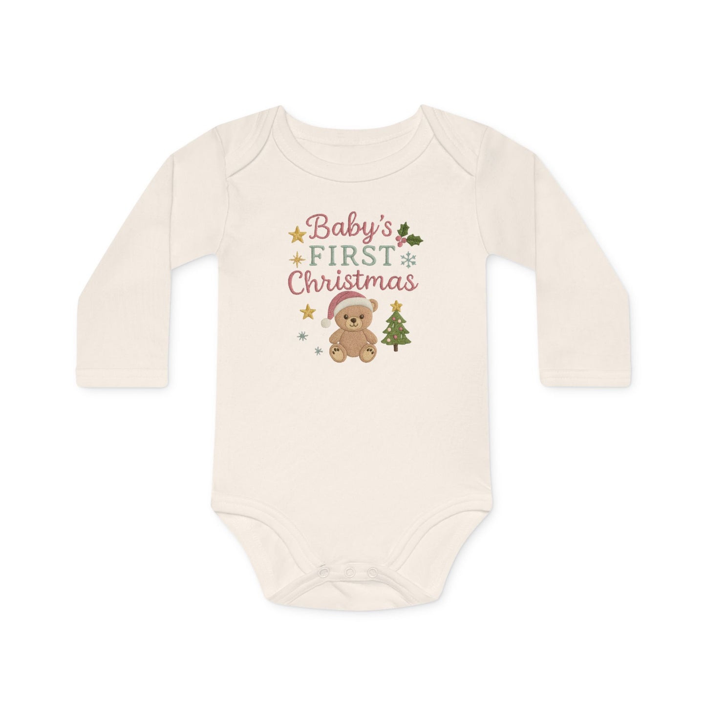 Baby Bodysuit — "Baby's First Christmas" Organic Long-Sleeve Onesie with Teddy & Tree Holiday Design