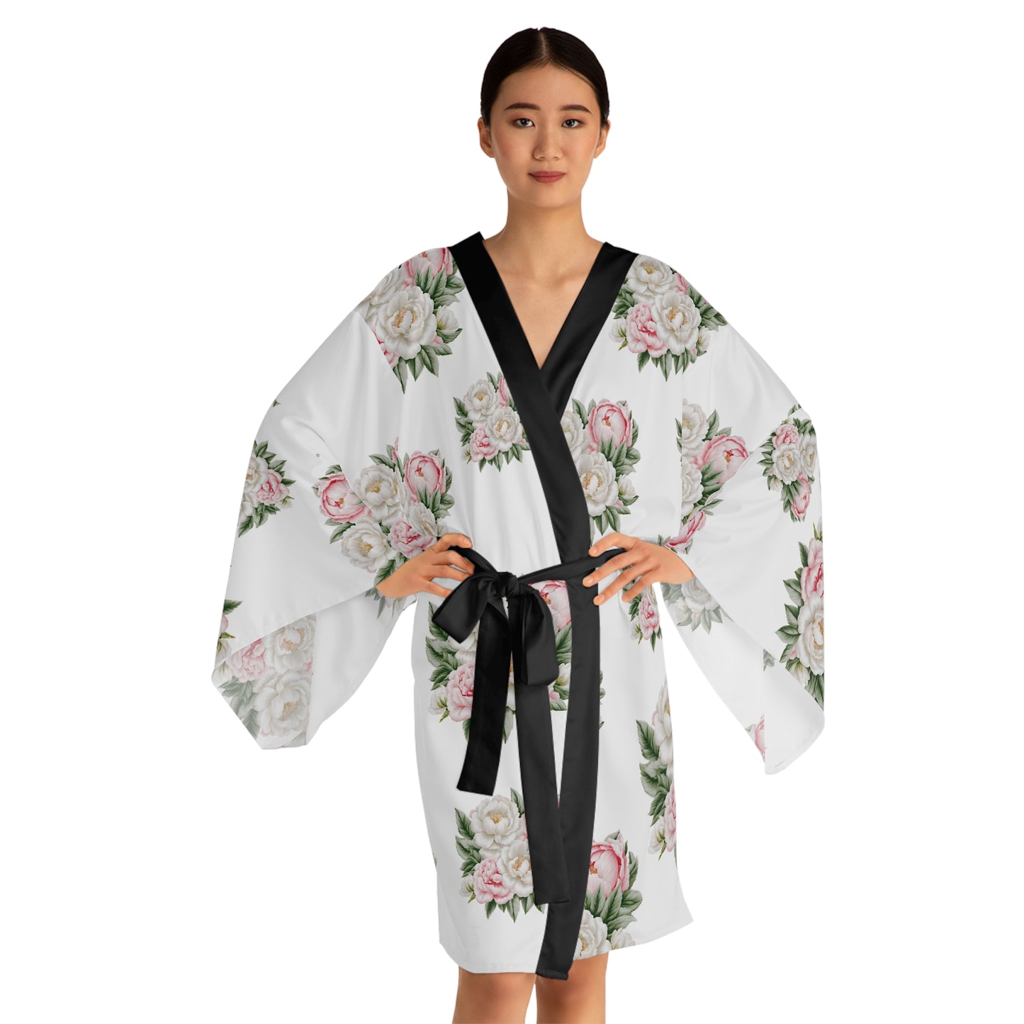 White Roses, Pink Peonies Long Sleeve Kimono Robe