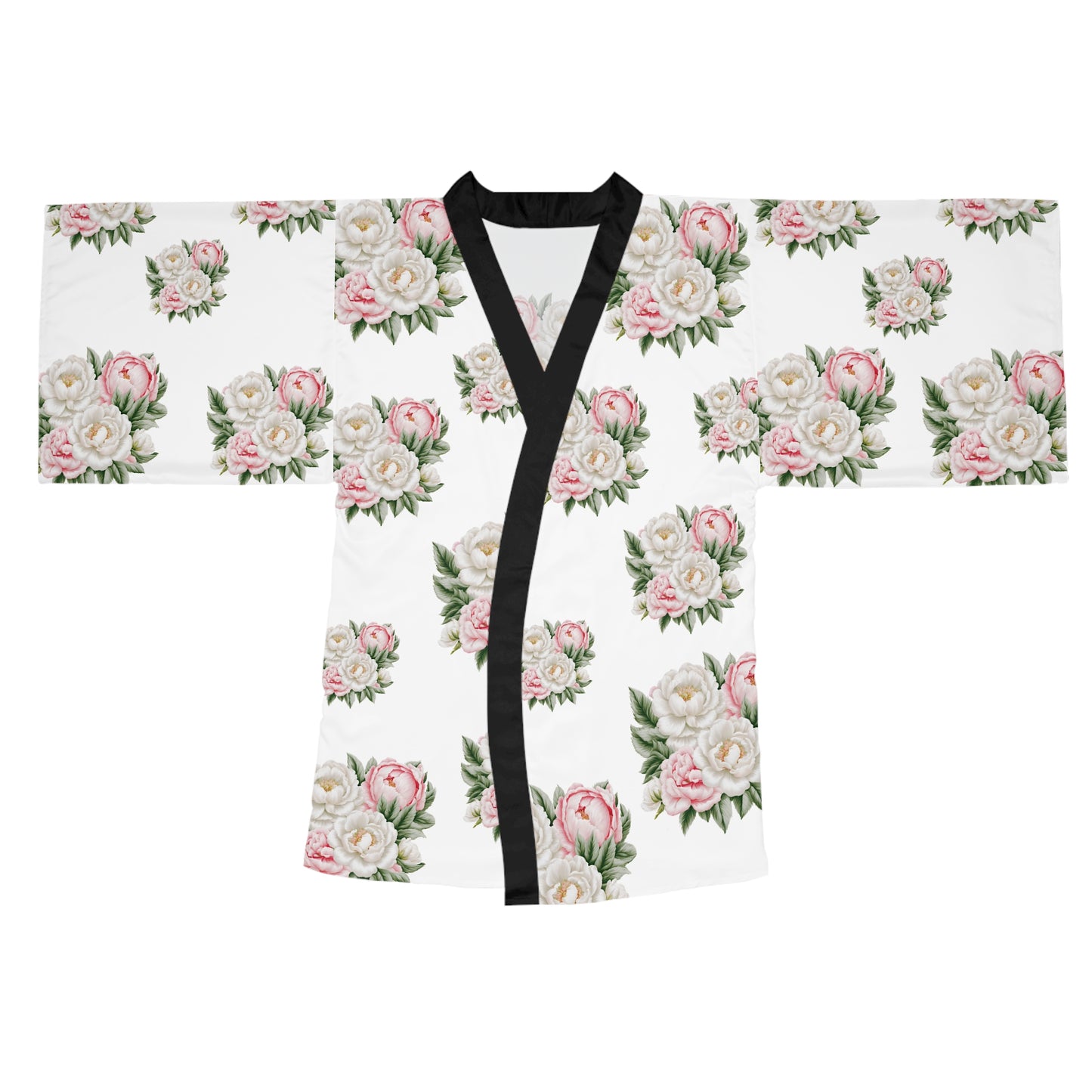 White Roses, Pink Peonies Long Sleeve Kimono Robe