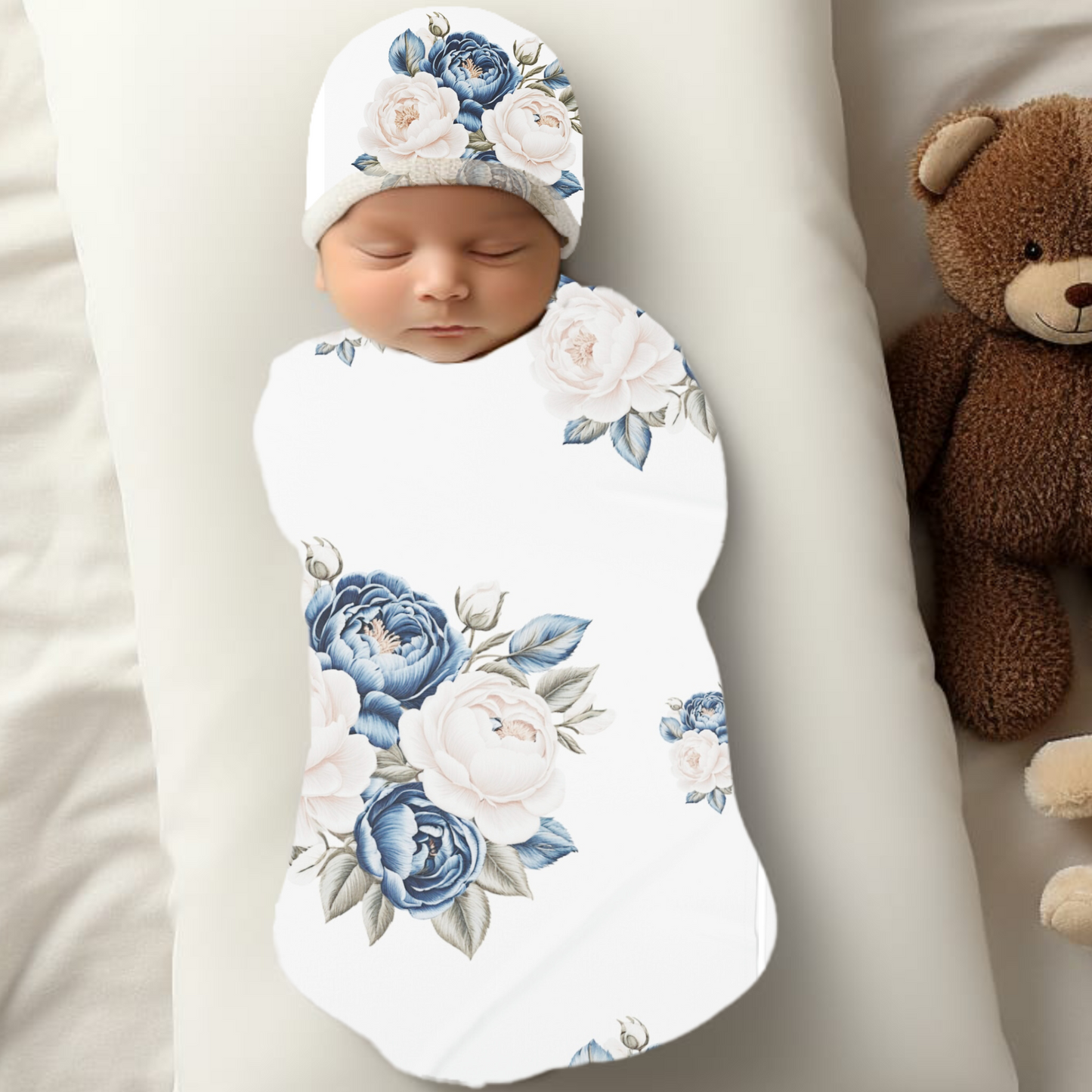 Cream and Blue Roses Baby Swaddle Blanket