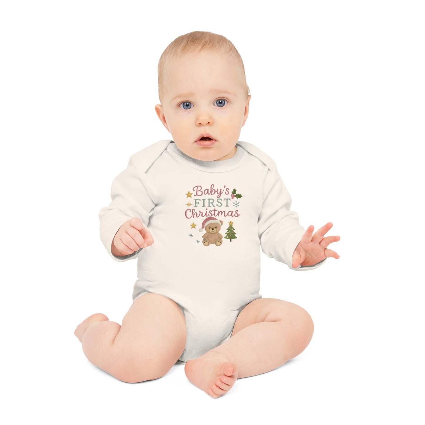 Baby Bodysuit — "Baby's First Christmas" Organic Long-Sleeve Onesie with Teddy & Tree Holiday Design