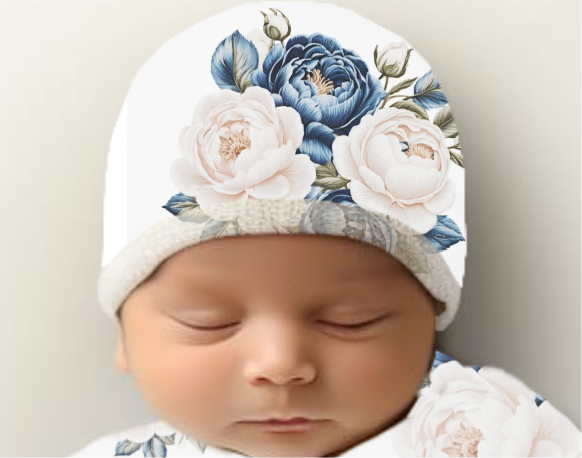 Cream and Blue Roses Baby Beanie